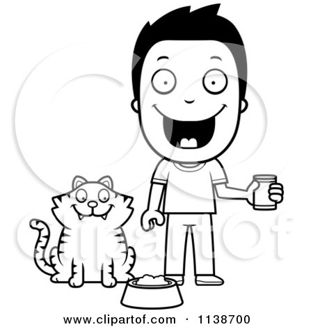 Cartoon Clipart Of A Black And White Happy Boy Feeding His Cat - Vector Outlined Coloring Page by Cory Thoman
