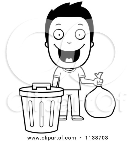 Cartoon Clipart Of A Black And White Happy Boy Taking Out The Trash - Vector Outlined Coloring Page by Cory Thoman