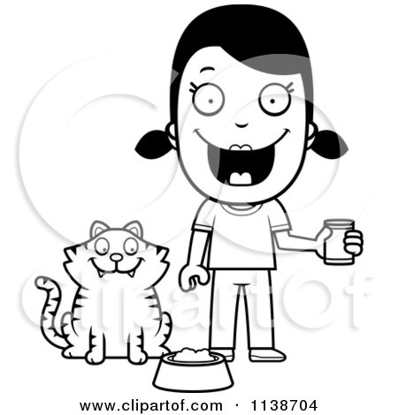 Cartoon Clipart Of A Black And White Happy Girl Feeding Her Cat - Vector Outlined Coloring Page by Cory Thoman