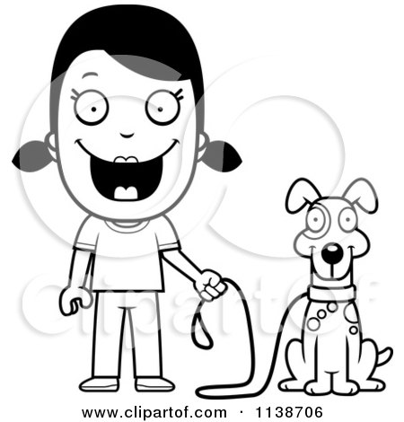 Cartoon Clipart Of A Black And White Happy Girl Ready To Walk Her Dog - Vector Outlined Coloring Page by Cory Thoman