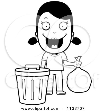 Cartoon Clipart Of A Black And White Happy Girl Taking Out The Trash - Vector Outlined Coloring Page by Cory Thoman