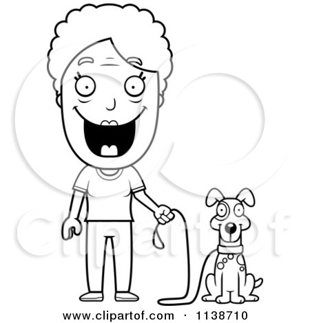 Cartoon Clipart Of A Black And White Happy Senior Woman Ready To Walk Her Dog - Vector Outlined Coloring Page by Cory Thoman