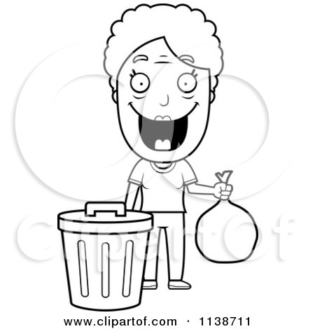Cartoon Clipart Of A Black And White Happy Granny Taking Out The Trash - Vector Outlined Coloring Page by Cory Thoman