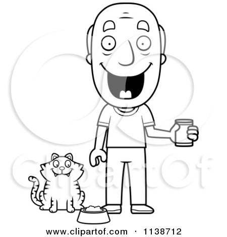 Cartoon Clipart Of A Black And White Happy Senior Man Feeding His Cat - Vector Outlined Coloring Page by Cory Thoman