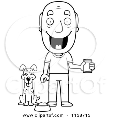 Cartoon Clipart Of A Black And White Happy Senior Man Feeding His Dog - Vector Outlined Coloring Page by Cory Thoman