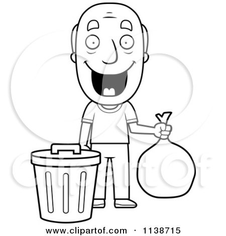 Cartoon Clipart Of A Black And White Happy Grandpa Taking Out The Trash - Vector Outlined Coloring Page by Cory Thoman