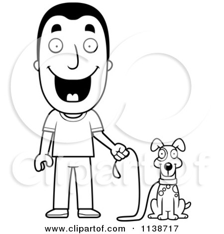 Cartoon Clipart Of A Black And White Happy Man Ready To Walk His Dog - Vector Outlined Coloring Page by Cory Thoman