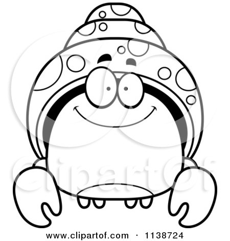 Cartoon Clipart Of A Black And White Smiling Hermit Crab - Vector Outlined Coloring Page by Cory Thoman