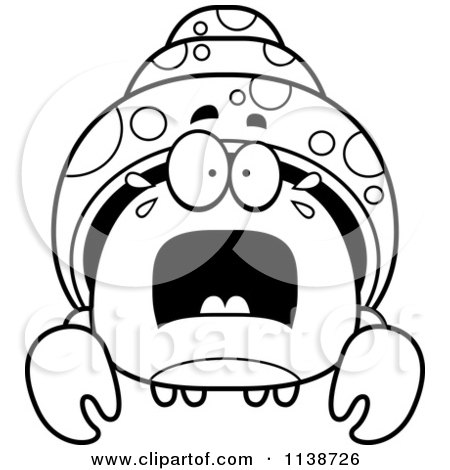 Cartoon Clipart Of A Black And White Frightened Hermit Crab - Vector Outlined Coloring Page by Cory Thoman