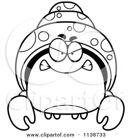 Cartoon Clipart Of A Black And White Angry Hermit Crab - Vector Outlined Coloring Page by Cory Thoman