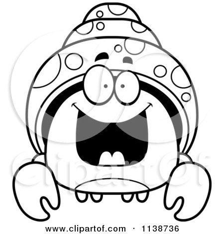 Cartoon Clipart Of A Black And White Excited Hermit Crab - Vector Outlined Coloring Page by Cory Thoman