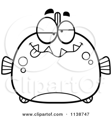 Cartoon Clipart Of A Black And White Dumb Piranha Fish - Vector Outlined Coloring Page by Cory Thoman