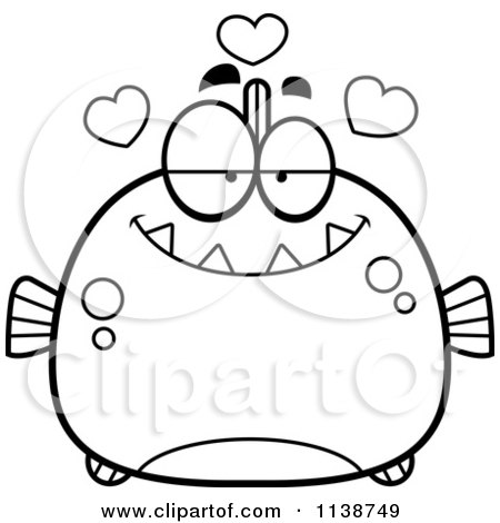Cartoon Clipart Of A Black And White Piranha Fish In Love - Vector Outlined Coloring Page by Cory Thoman