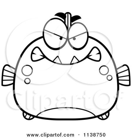 Cartoon Clipart Of A Black And White Angry Piranha Fish - Vector Outlined Coloring Page by Cory Thoman