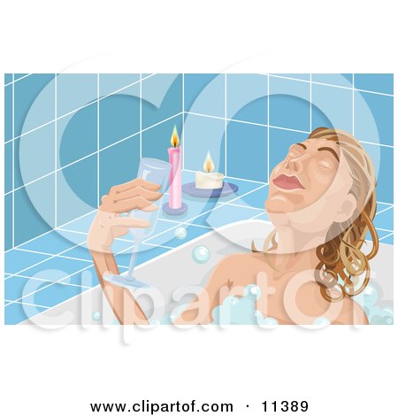 Woman Taking Time to Unwind at the End of Her Day, Soaking in a Relaxing Bubble Bath and Drinking Wine by Candlelight Clipart Illustration by AtStockIllustration