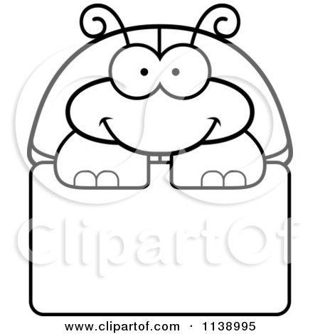 Cartoon Clipart Of A Black And White Happy Beetle Over A Sign - Vector Outlined Coloring Page by Cory Thoman