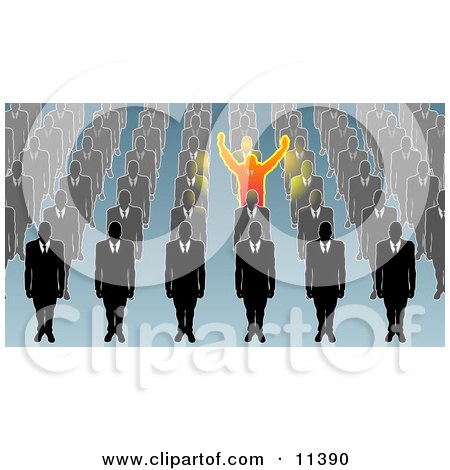 Unique Businessman Holding His Arms Up, Surrounded by Men in Rows Clipart Illustration by AtStockIllustration