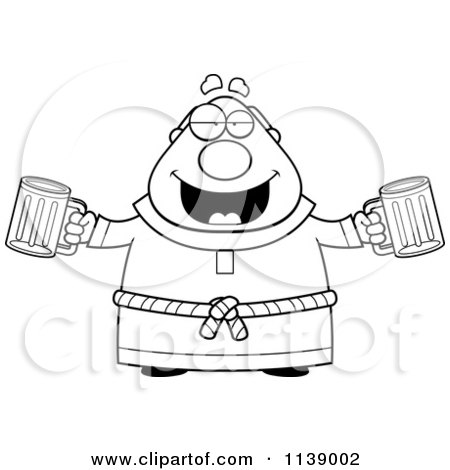 Cartoon Clipart Of A Black And White Chubby Monk With Beers - Vector Outlined Coloring Page by Cory Thoman