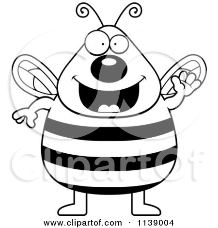 Cartoon Clipart Of A Black And White Chubby Bee Waving - Vector Outlined Coloring Page by Cory Thoman