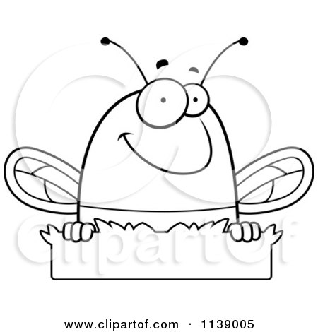 Cartoon Clipart Of A Black And White Chubby Bee Over Grass - Vector Outlined Coloring Page by Cory Thoman