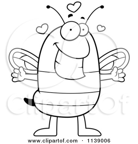 Cartoon Clipart Of A Black And White Chubby Bee Wanting A Hug - Vector Outlined Coloring Page by Cory Thoman
