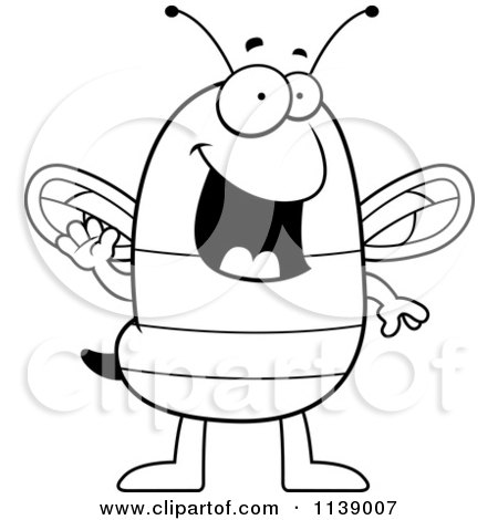 Cartoon Clipart Of A Black And White Chubby Bee Waving - Vector Outlined Coloring Page by Cory Thoman