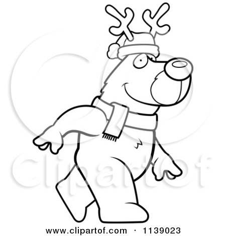 Cartoon Clipart Of A Black And White Walking Christmas Rudolph Reindeer - Vector Outlined Coloring Page by Cory Thoman