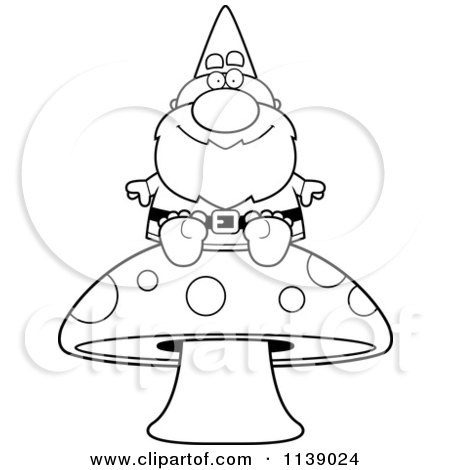 Cartoon Clipart Of A Black And White Gnome Sitting On A Mushroom - Vector Outlined Coloring Page by Cory Thoman