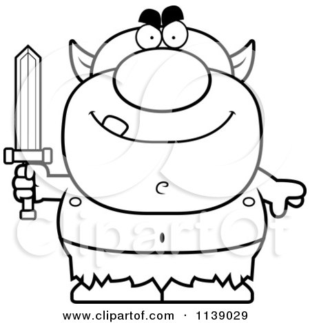 Cartoon Clipart Of A Black And White Clipart Goblin Holding A Sword - Vector Outlined Coloring Page by Cory Thoman