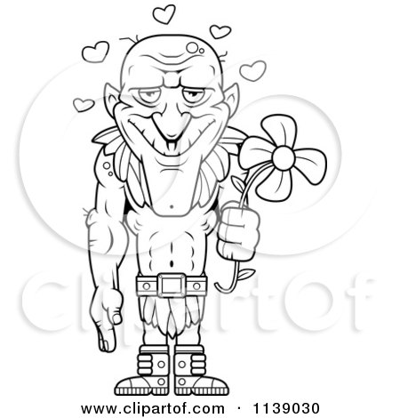 Cartoon Clipart Of A Black And White Tall Romantic Goblin Holding A Flower Under Hearts - Vector Outlined Coloring Page by Cory Thoman