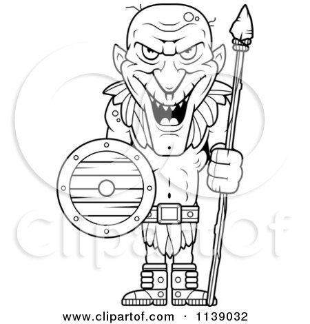 Cartoon Clipart Of A Black And White Tall Goblin Guard With A Spear And Shield - Vector Outlined Coloring Page by Cory Thoman