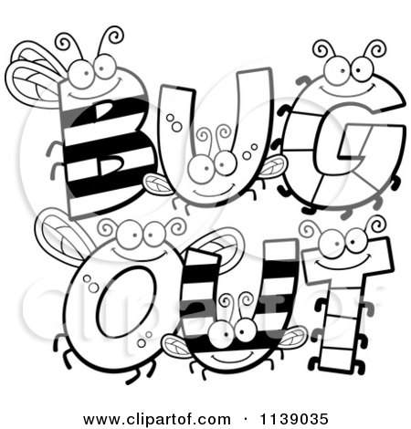 Cartoon Clipart Of Black And White Bug Letters Spelling BUG OUT - Vector Outlined Coloring Page by Cory Thoman