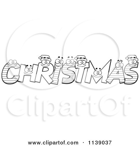 Cartoon Clipart Of Black And White Happy Festive Letter Spelling Christmas - Vector Outlined Coloring Page by Cory Thoman