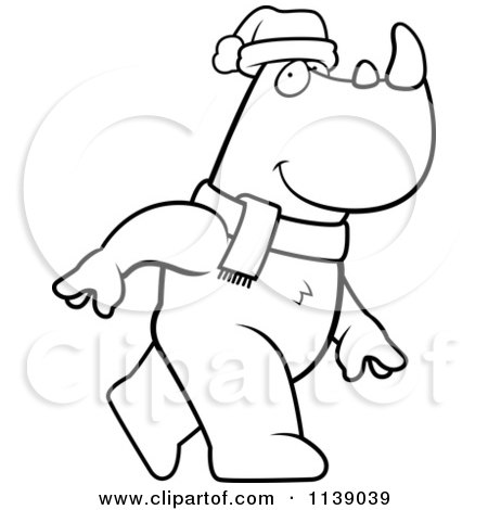 Cartoon Clipart Of A Black And White Walking Christmas Rhino - Vector Outlined Coloring Page by Cory Thoman