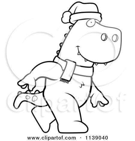 Cartoon Clipart Of A Black And White Walking Christmas T Rex - Vector Outlined Coloring Page by Cory Thoman