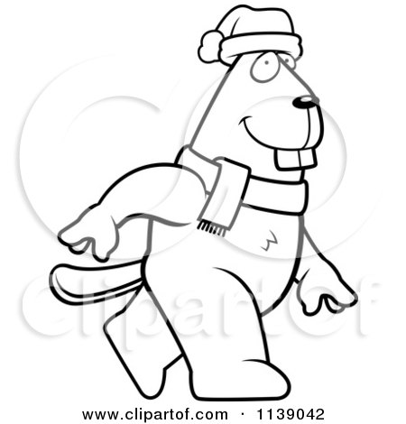 Cartoon Clipart Of A Black And White Walking Christmas Beaver - Vector Outlined Coloring Page by Cory Thoman