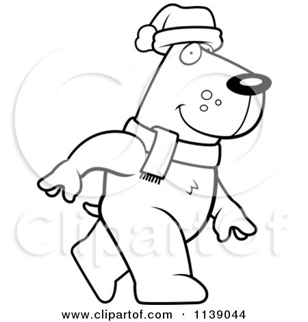Cartoon Clipart Of A Black And White Walking Christmas Dog - Vector Outlined Coloring Page by Cory Thoman