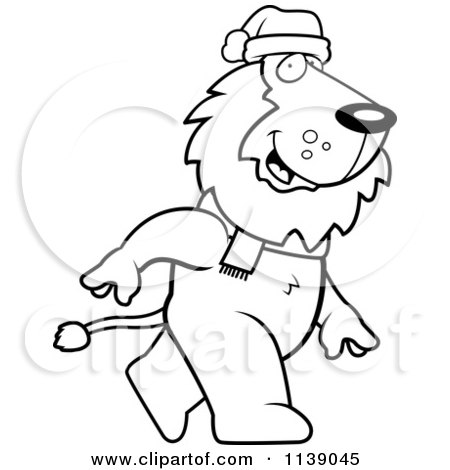 Cartoon Clipart Of A Black And White Walking Christmas Lion - Vector Outlined Coloring Page by Cory Thoman