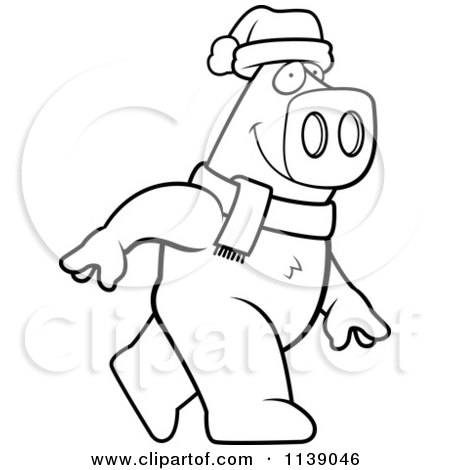 Cartoon Clipart Of A Black And White Walking Christmas Pig - Vector Outlined Coloring Page by Cory Thoman