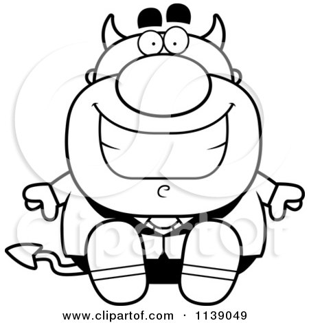 Cartoon Clipart Of A Black And White Sitting Devil Businessman - Vector Outlined Coloring Page by Cory Thoman