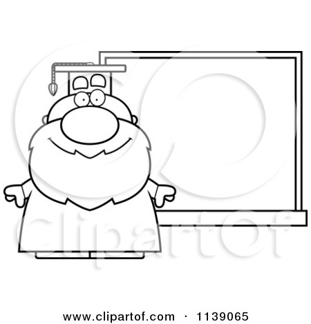 Cartoon Clipart Of A Black And White Professor Standing By A Chalkboard - Vector Outlined Coloring Page by Cory Thoman