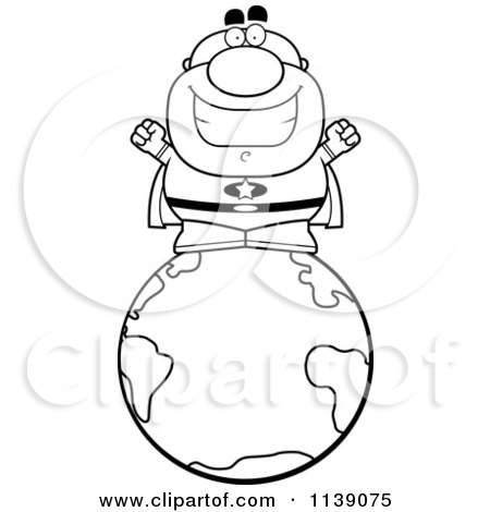 Cartoon Clipart Of A Black And White Bald Super Hero On The Earth - Vector Outlined Coloring Page by Cory Thoman