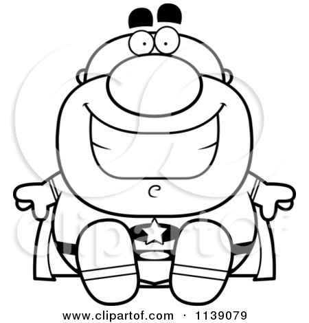 Cartoon Clipart Of A Black And White Sitting Bald Super Hero - Vector Outlined Coloring Page by Cory Thoman