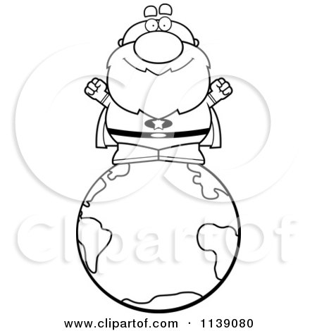 Cartoon Clipart Of A Black And White Bald Super Senior Man On The Globe - Vector Outlined Coloring Page by Cory Thoman