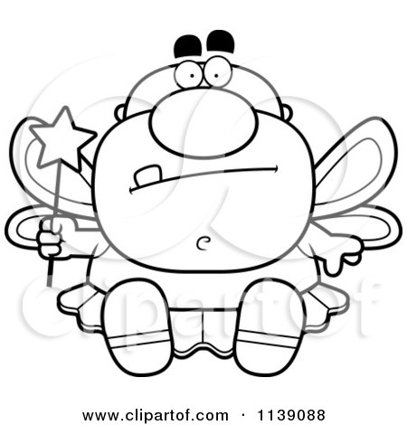 Cartoon Clipart Of A Black And White Sitting Male Tooth Fairy - Vector Outlined Coloring Page by Cory Thoman