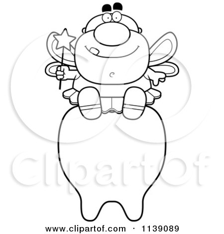 Cartoon Clipart Of A Black And White Male Tooth Fairy Sitting On A Tooth - Vector Outlined Coloring Page by Cory Thoman