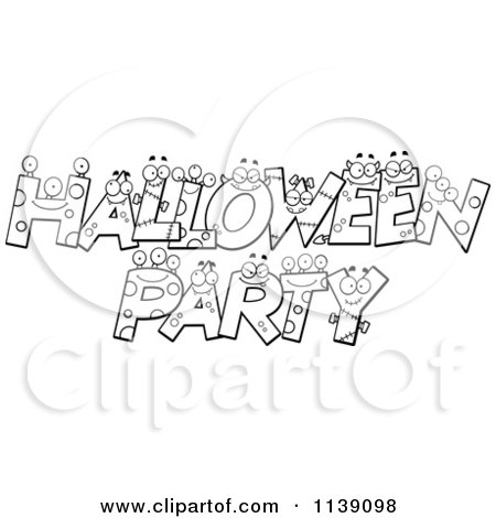 Cartoon Clipart Of Black And White Halloween Party Letter Characters - Vector Outlined Coloring Page by Cory Thoman
