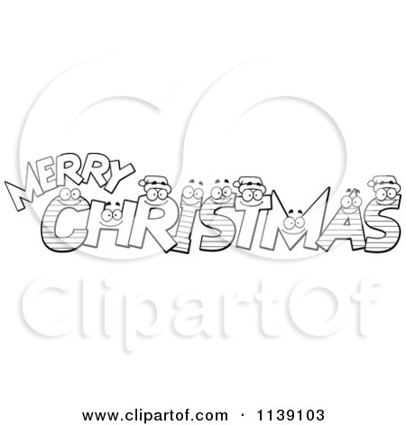 Cartoon Clipart Of Black And White Happy Festive Letters Spelling Merry Christmas - Vector Outlined Coloring Page by Cory Thoman