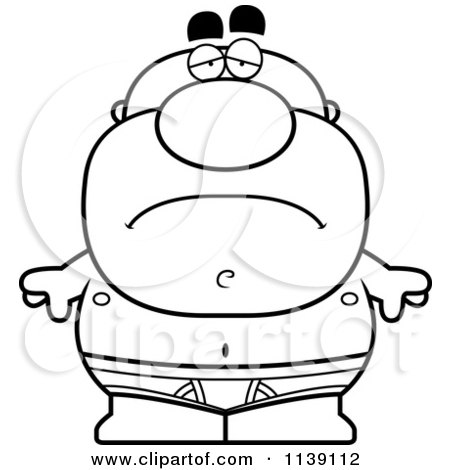 Cartoon Clipart Of A Black And White Sad Bald Man In Underwear - Vector Outlined Coloring Page by Cory Thoman