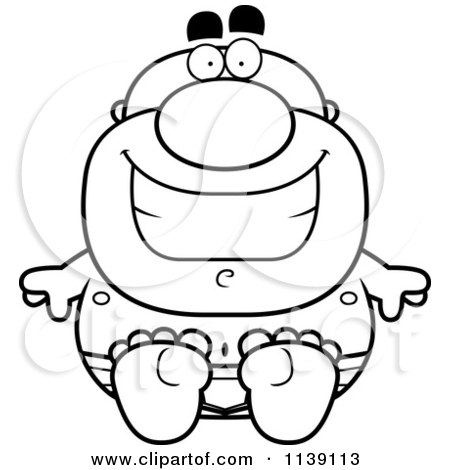 Cartoon Clipart Of A Black And White Sitting Bald Man In Underwear - Vector Outlined Coloring Page by Cory Thoman